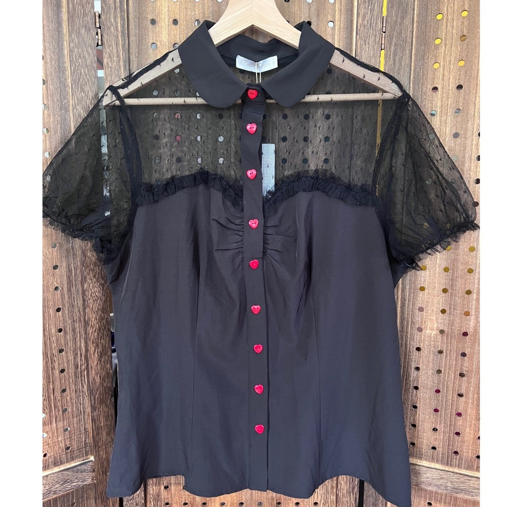 Belle Poque Black and Red Heart Button Pin Up Blouse Size XL NWT